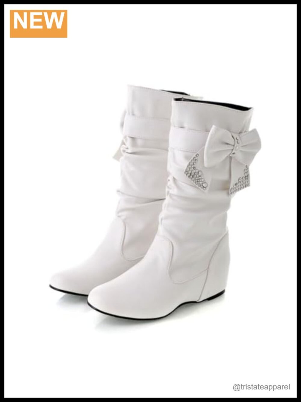 Bow Rhinestone Mid Calf Boots Women Faux Leather Pointed Toe Wedge Heel Slip On
